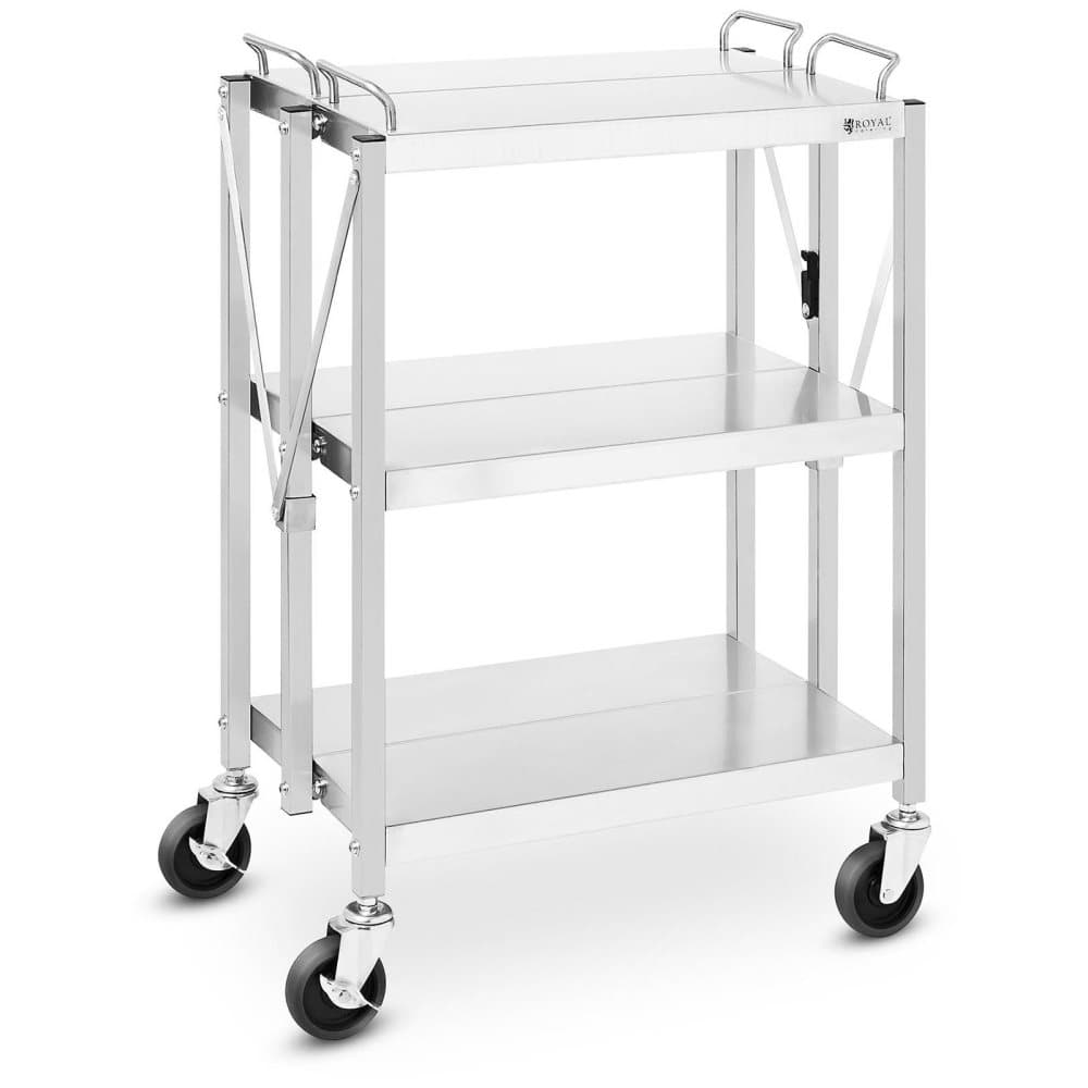 Royal Catering Hopfällbar serveringsvagn - Rostfritt stål - 3 hyllplan - 90 kg - 40 x 58 cm