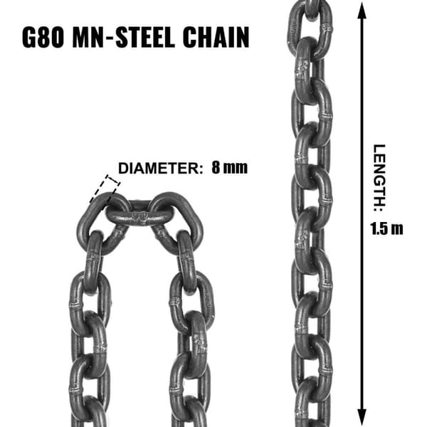 1.5M x 8mm 5 tons lastkapacitet, kraftig fyrbenslyftkedja, robust konstruktion, självlåsande krok, lätt att använda, bred applikation
