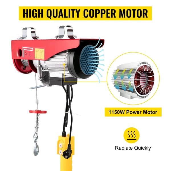 1150W 600kg kapacitet elektrisk lyftkran, högeffektiv ren kopparmotor, antirotationsstålvajer, lågt ljud, hög säkerhet, lättinstallerad