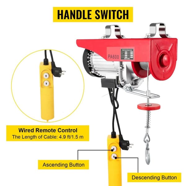 1150W 600kg kapacitet elektrisk lyftkran, högeffektiv ren kopparmotor, antirotationsstålvajer, lågt ljud, hög säkerhet, lättinstallerad