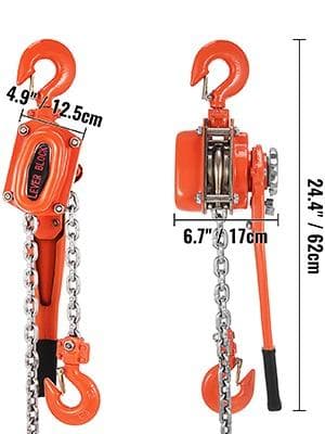 1,5 ton manuellt kedjeblock med spärrspak, 1,5M kedja, kompakt struktur, 2 vridbara krokar, ergonomiskt handtag, pålitligt bromssystem