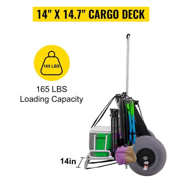75kg kapacitet vikbar Strandvagn med 35,6 x 37,3cm lastrum/33cm dia TPU uppblåsbara strandhjul, 75-125cm justerbar höjd, robust konstruktion