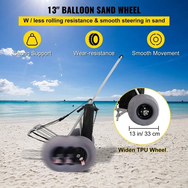 75kg kapacitet vikbar Strandvagn med 35,6 x 37,3cm lastrum/33cm dia TPU uppblåsbara strandhjul, 75-125cm justerbar höjd, robust konstruktion