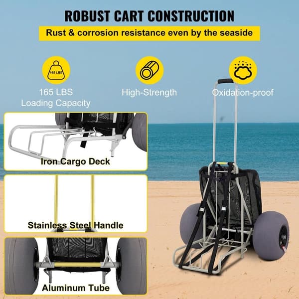 75kg kapacitet vikbar Strandvagn med 35,6 x 37,3cm lastrum/33cm dia TPU uppblåsbara strandhjul, 75-125cm justerbar höjd, robust konstruktion