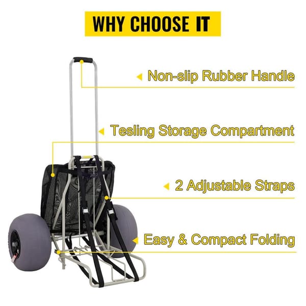 75kg kapacitet vikbar Strandvagn med 35,6 x 37,3cm lastrum/33cm dia TPU uppblåsbara strandhjul, 75-125cm justerbar höjd, robust konstruktion