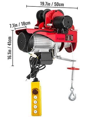 1800W 1000kg kapacitet integrerad elektrisk hiss med vagn, antirotationsstålvajer, 1,4m trådbunden fjärrkontroll, med säkerhetsskydd