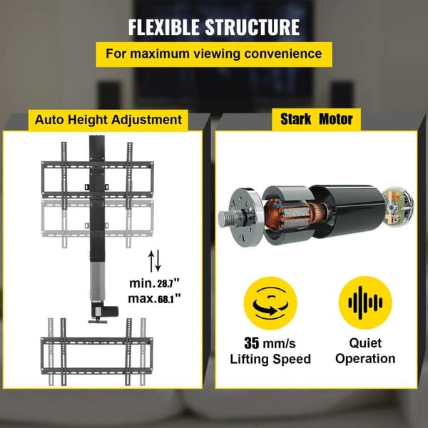 1000mm slaglängd 28.7-68.1" höjdjusterbar 154 lbs last Elektrisk TV-lyftfäste med dubbel kontroll, hög kompatibilitet, lätt att installera
