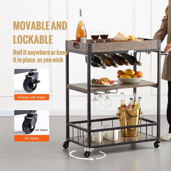 50 kg kapacitet 79,5x40x90cm 3-lagers barvagn med vinställ och hängande glasställ, retrostil, problemfri montering