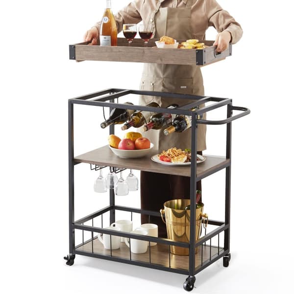 50 kg kapacitet 79,5x40x90cm 3-lagers barvagn med vinställ och hängande glasställ, retrostil, problemfri montering
