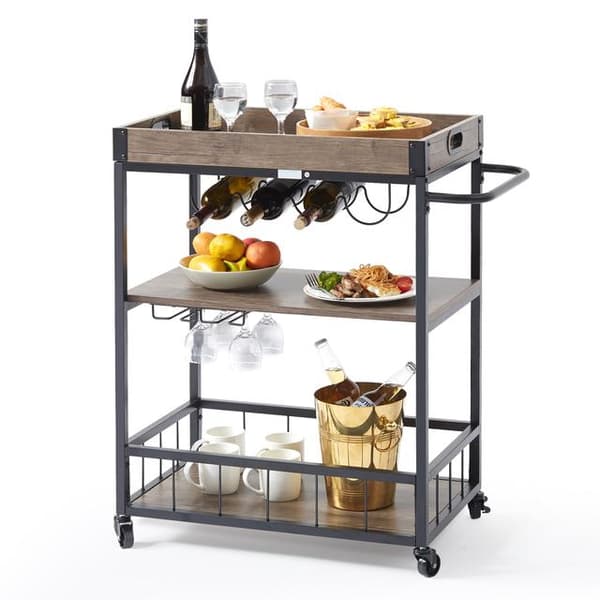 50 kg kapacitet 79,5x40x90cm 3-lagers barvagn med vinställ och hängande glasställ, retrostil, problemfri montering