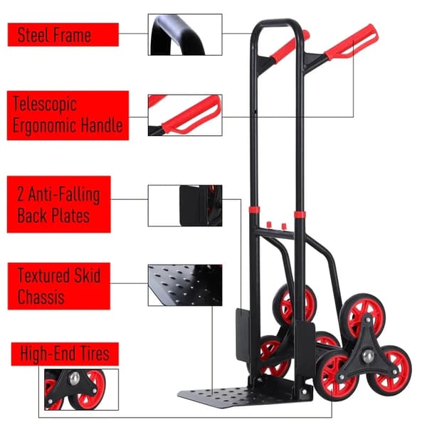 Rootz Steel Climbing Stairs Trolley - Steel Trolley - Hand Trucks - 6-wheeled Trolley - Foldable Hand Truck - Load Carrying Hand Truck  - Black & Red