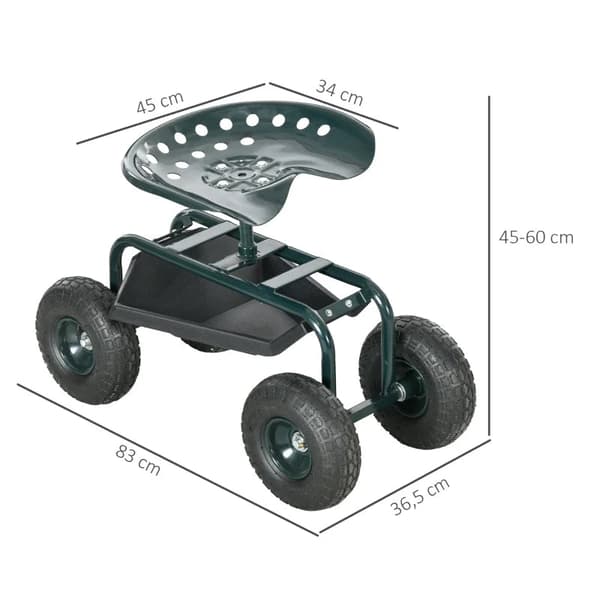 Rootz Trädgårdsvagn - Vridbar sits - Justerbar i höjdled - Trädgårdsvagn - Luftfyllda däck - Stark - Stål-plast-gummi - Mörkgrön - 83L x 36,5W x 45-60