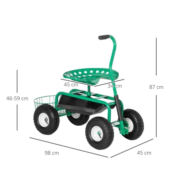 Rootz Havevogn med rullesæde - Hyldekurv - Lille haveværktøj - Værkstedsvogn - Mobil have - Højdejusterbar - Metal - Gummi - Grøn - 98cm x 45cm x 87cm