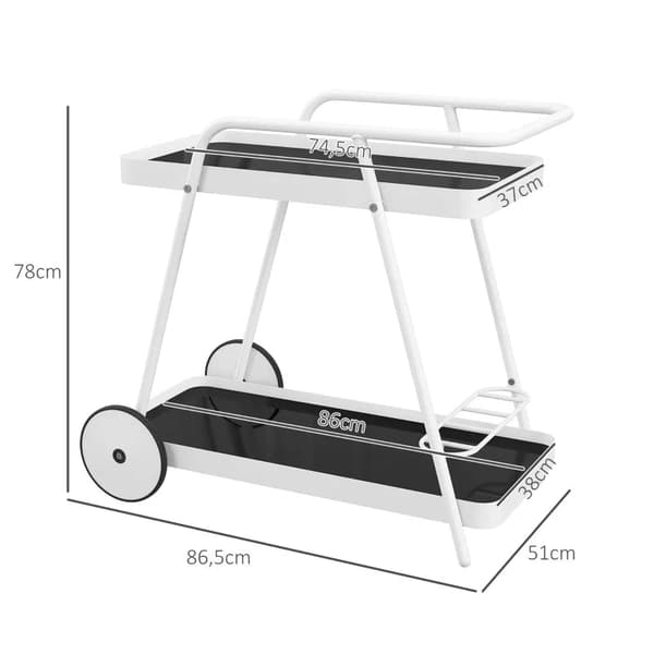 Rootz udendørs serveringsvogn - Havevogn - 2-lags vinreol - Stålramme - Hærdet glas - Sort + Hvid - 86,5 x 51 x 78 cm