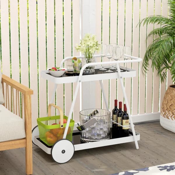 Rootz udendørs serveringsvogn - Havevogn - 2-lags vinreol - Stålramme - Hærdet glas - Sort + Hvid - 86,5 x 51 x 78 cm