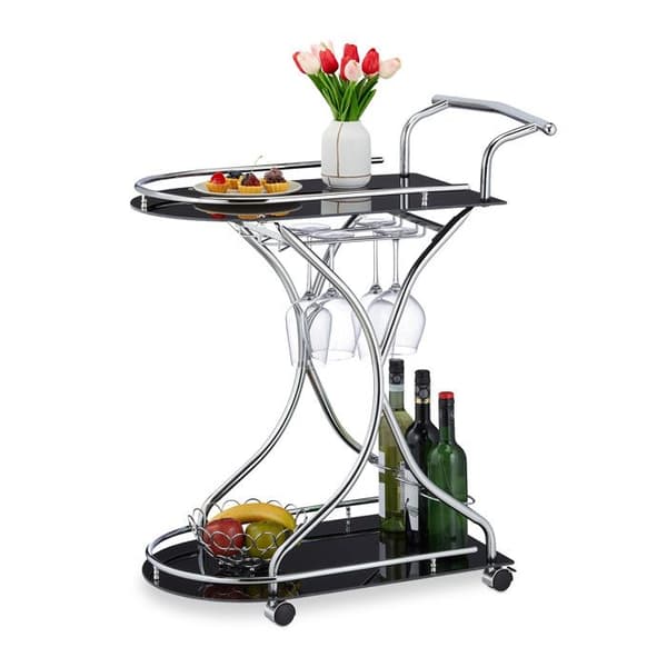 Servettvagn - Relaxdays - 2 våningar - Svart glas - Kromat metall - Flaskställ