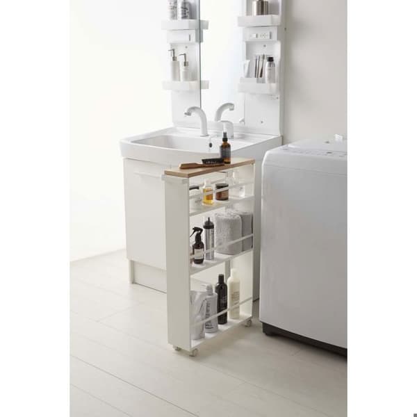 Köksvagn - YAMAZAKI - TOWER vit - 3 nivåer - 4 roller - Trähylla