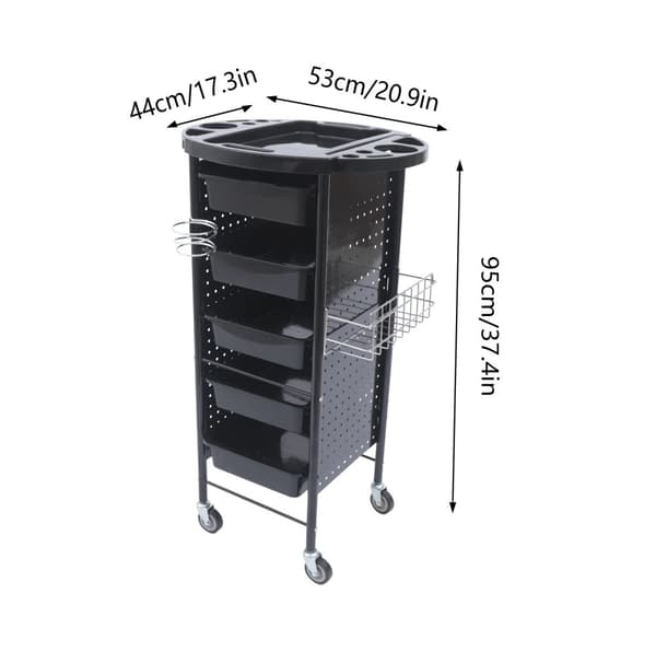 Frisørvogn, 6-lags opbevaring, universelle hjul,sort