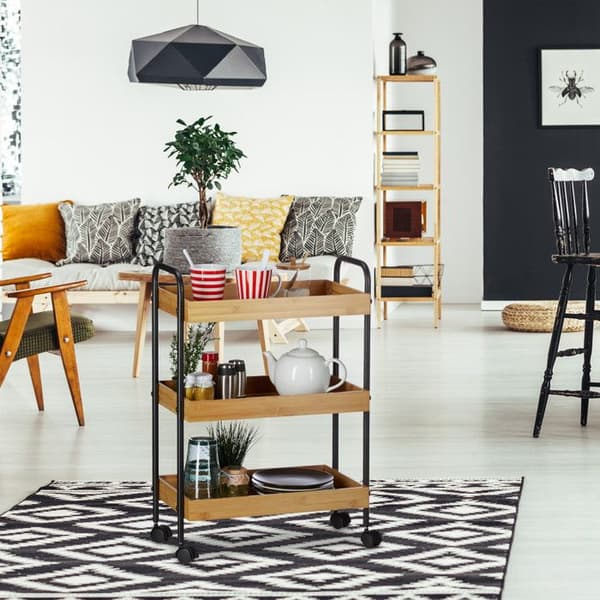 Relaxdays Kök- och serveringsvagn i bambu, 3 nivåer, naturligt utseende, hjul med 360° rotation, Stål HLP: 70x50x28cm, natur/svart