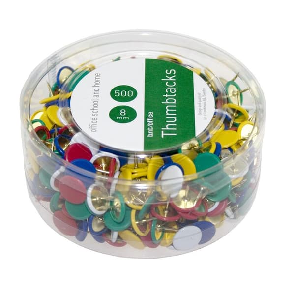 Häftstift, 8mm, Ø 10mm, metall/plast, Blandade färger (blå, röd, vit, gul, grön), 500/fp