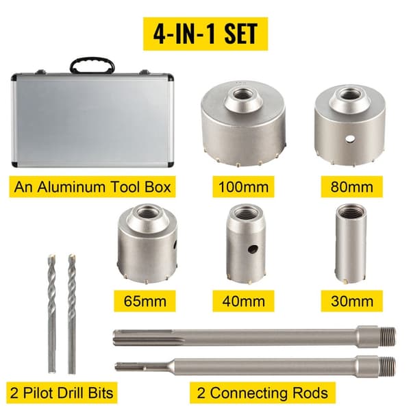 4-i-1 30mm till 100mm murad hålsåg kit med verktygslåda för de flesta borrhammare, högkvalitativt material, bred applikation