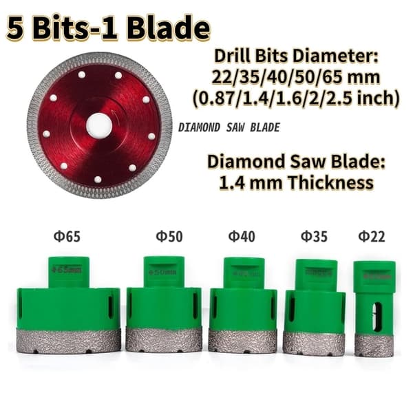 Diamantborekerne, M14 gevind, Keramisk flisehulsav, 5 Bits Set2