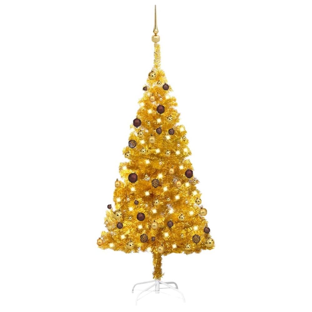 Plastgran med LED och julgranskulor guld 150 cm PET