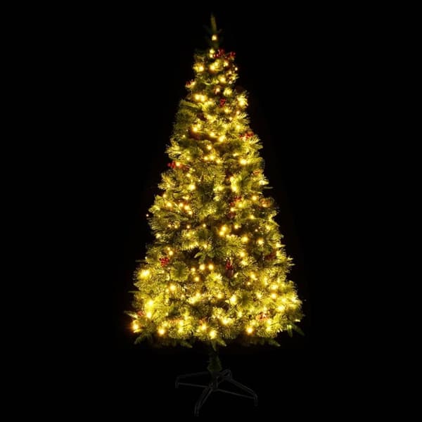 vidaXL Belyst julgran med kottar grön 225 cm PVC&PE