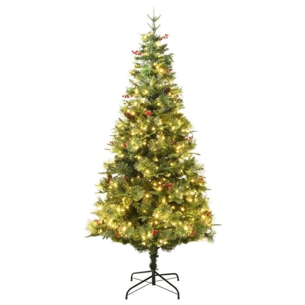 vidaXL Belyst julgran med kottar grön 195 cm PVC&PE