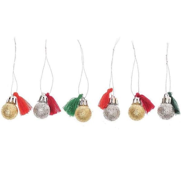 6 mini julkulor med paljetter och röda och gröna pompoms
