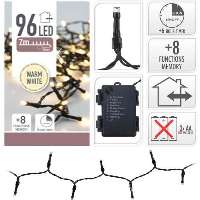 JULLJUS 96 LED VIT VARMT BATTERI med timer 8 LJUSSET