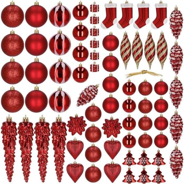 Julgranskulor - SPRINGOS - 72 st - Okrossbar - Plast - Röd och Guld