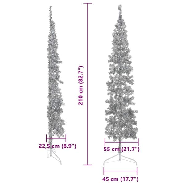 vidaXL Kapea puolikas tekojoulukuusi jalustalla hopea 210 cm