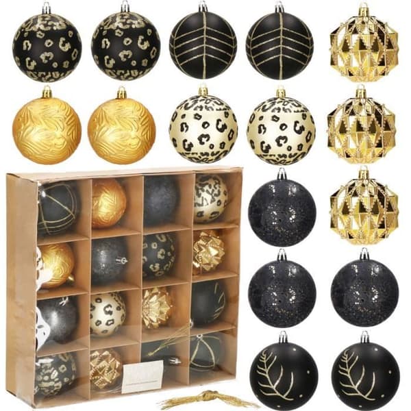 Julgranspynt - SPRINGOS - 16 st. trädbollar ornament - guld/svart