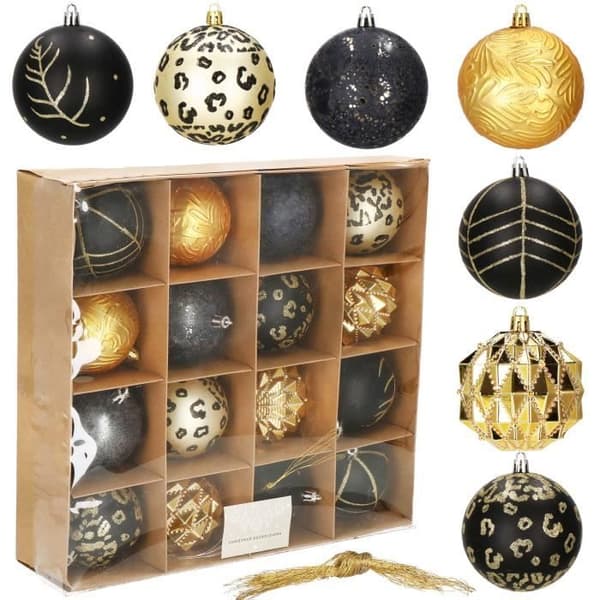 Julgranspynt - SPRINGOS - 16 st. trädbollar ornament - guld/svart
