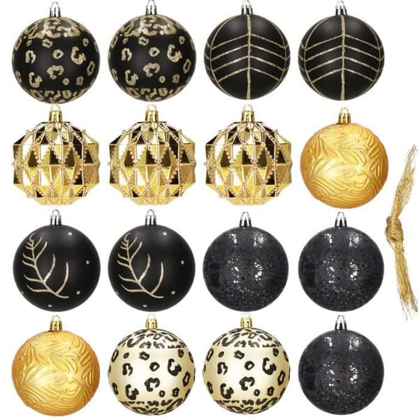 Julgranspynt - SPRINGOS - 16 st. trädbollar ornament - guld/svart