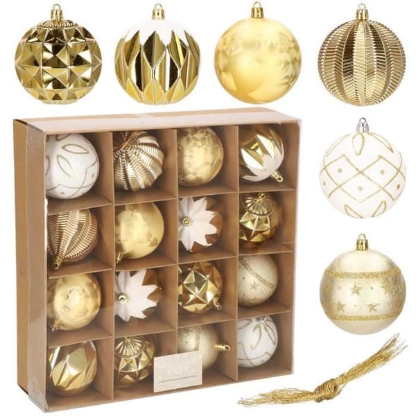 Julgranskulor - SPRINGOS - 16 st - Plast - 8 cm - Färg guld