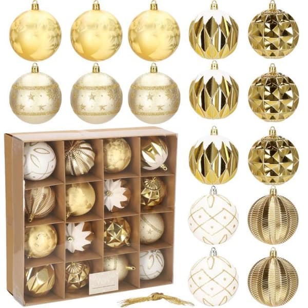 Julgranskulor - SPRINGOS - 16 st - Plast - 8 cm - Färg guld