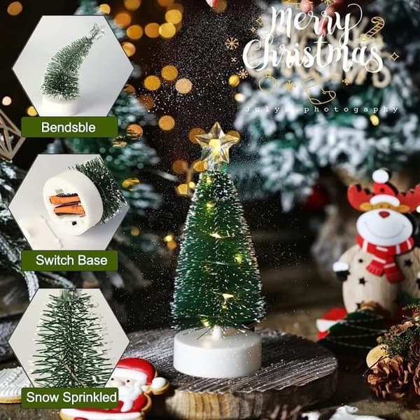 Mini skrivbordsjulgranar, 3 st frostade sisalträd med träbas, flaskborsteträd Julbordsträd