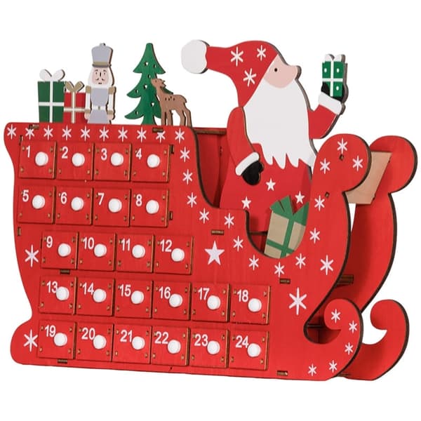 Rootz Santa Sleigh Advent -kalenteri - Joulun lähtölaskenta - Pöytä- tai mantelkoristelu - 24 lokeroa - Uudelleenkäytettävä - Punainen - 22,5 cm x 8 c
