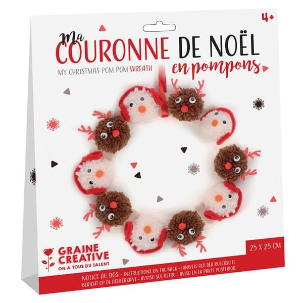 Kreativset - GRACRE - Julkrans - 25 cm - Röda pom-pom - Inredning dekorations