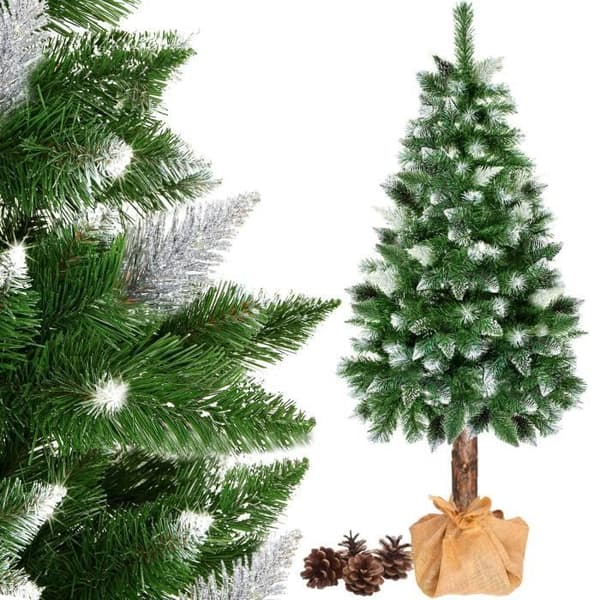 Julgran i plast - SPRINGOS - 180 cm - Trädkropp i naturligt trä - Konstsnö - Kottar