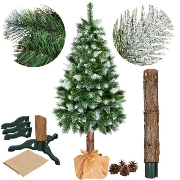 Julgran i plast - SPRINGOS - 180 cm - Trädkropp i naturligt trä - Konstsnö - Kottar