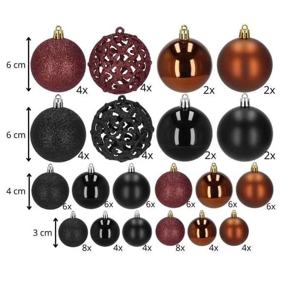 Julgranskulor - SPRINGOS - 100 stycken - Svart, Brun, Vinröd - Plast - Elegant dekoration