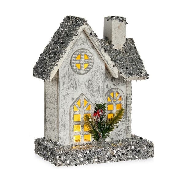 Dekorativ Figur Hus Jul LED Lyd Glitter Hvit Grå Tre 19,5 x 25 x 9 cm