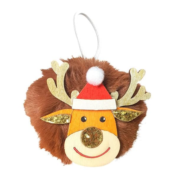 Christmas Kit Ren pompom upphängning i trä och fuskpäls 7cm 7 st