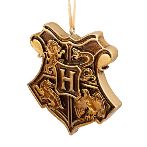 Set med 3 Harry Potter juldekorationer - Guldmärke, Nimbus2000 och Hogwarts sköld.