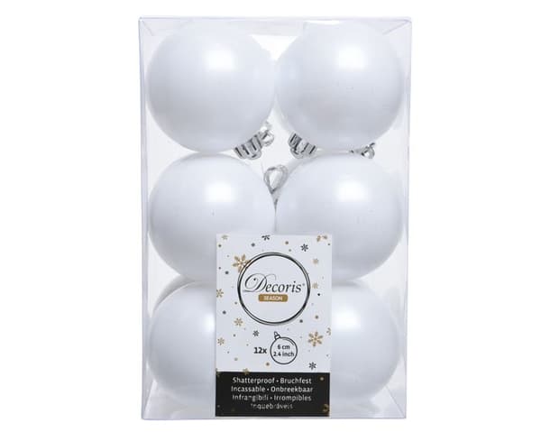 Julgranskulor - Alpint - Set om 12 - Plast - Diameter 6 cm - Vintervit