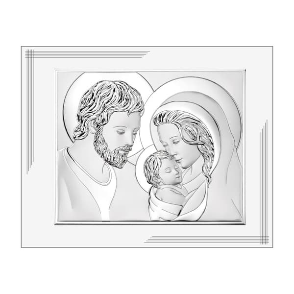 Hellig Familie maleri sølv moderne på hvidt panel 25x20 | Størrelse: 25x20cm | SKU: VL871BI