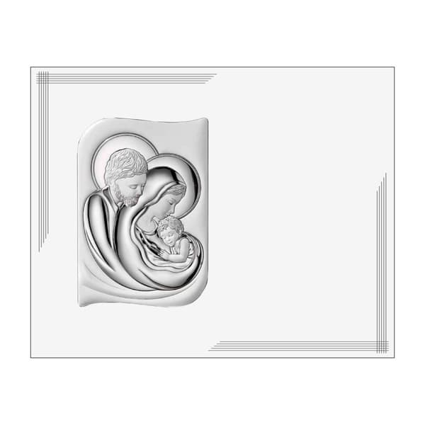 Hellig Familie maleri sølv moderne på hvidt panel 25x20 | Størrelse: 25x20cm | SKU: VL870BI